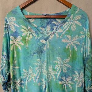 Blue Ginger Tropical Palm Print V Neck Blouse / Tunic / Maternity Size Small